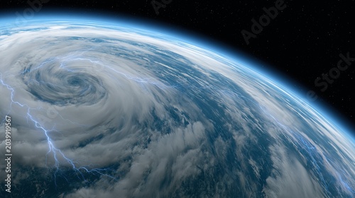 Space view of a swirling hurricane eye with lightning over the ocean, ideal for climate science and severe weather preparedness