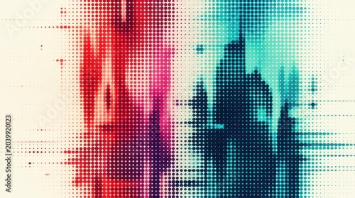 Abstract digital halftone glitch background with red and teal pixelated patterns.