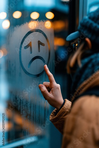 Person pressing a finger to a sad face drawn on a fogged window, ideal for mood, isolation and wellbeing concepts