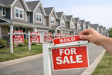 A hand holds a for sale sign in front of a row of houses, perfect for real estate or property listings