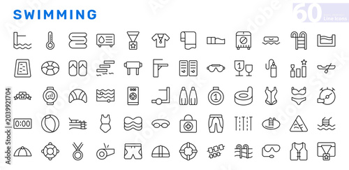 Canvastavla Swimming line icon set