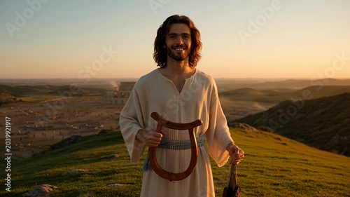 Biblical Shepherd David Holding a Lyre Harp During a Golden Sunset