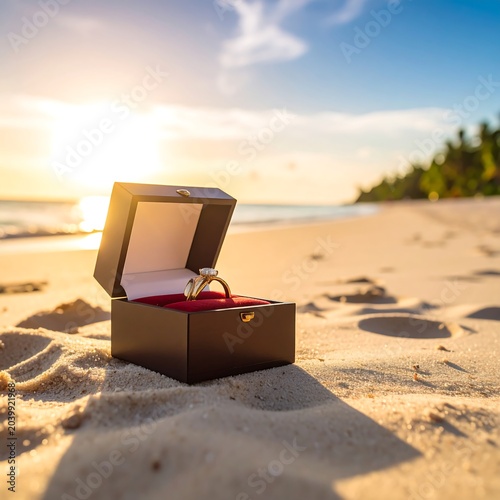 Romantic engagement ring on beach
