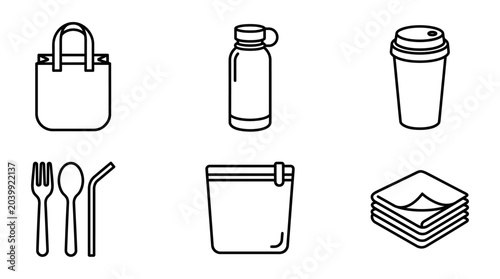A set of simple line icons representing everyday reusable items crucial for an eco-friendly lifestyle, encouraging sustainable choices and minimizing environmental impact