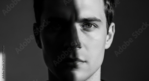 Dramatic black and white close-up portrait of a young man's face with striking light and shadow contrast