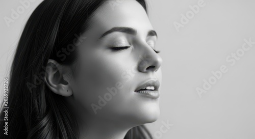 Serene Woman With Eyes Closed In Black And White Close-Up Portrait