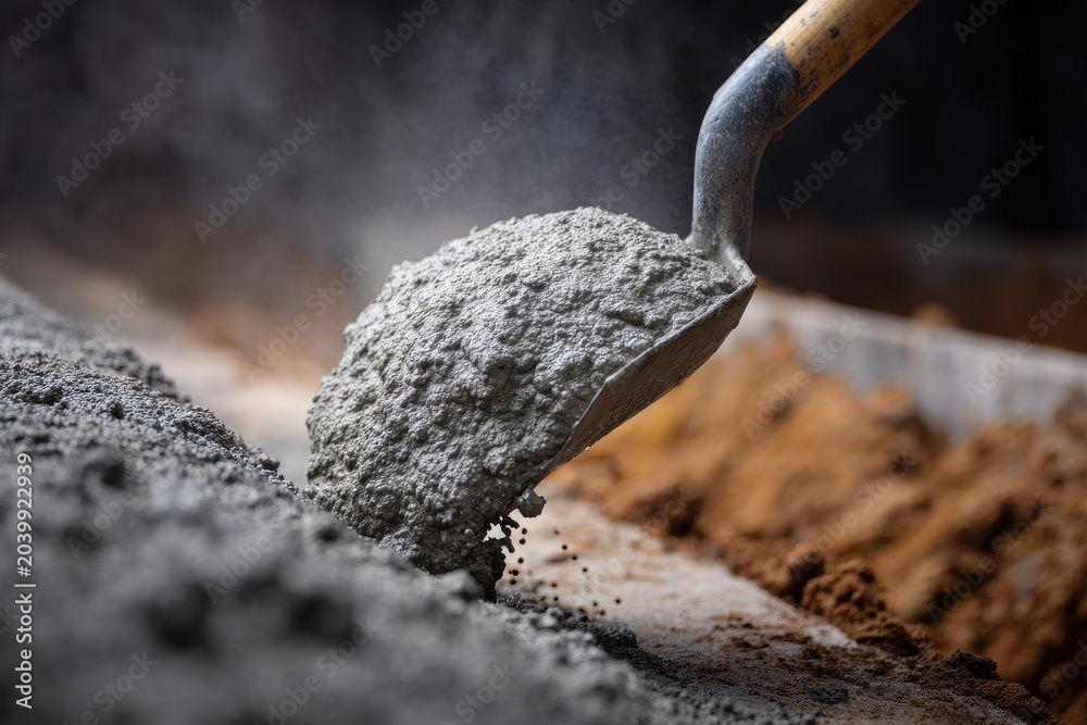 Fototapeta premium Shovel lifting wet concrete mixture at construction site, close up of heavy gray cement being moved by worker, industrial building process, hard work, focus on texture and material