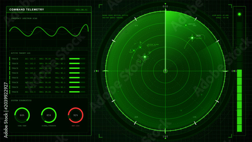 Vászonkép Green command telemetry HUD dashboard with circular radar scanner, target logs,