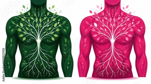 Conceptual illustration of human torsos with glowing tree roots representing connection to nature and health.