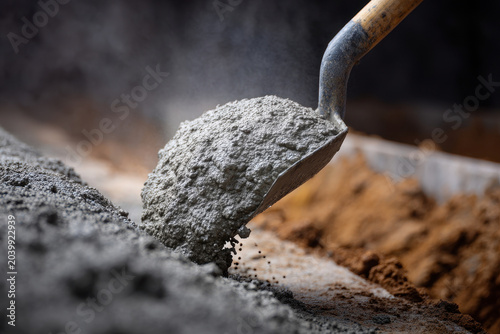Shovel lifting wet concrete mixture at construction site, close up of heavy gray cement being moved by worker, industrial building process, hard work, focus on texture and material