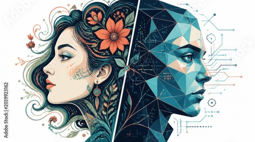 Conceptual illustration of human nature and artificial intelligence duality.