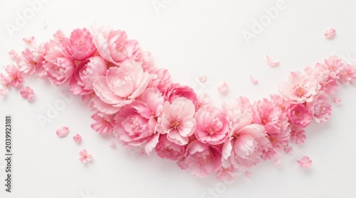Elegant wave of pink roses and peony flowers on white background.