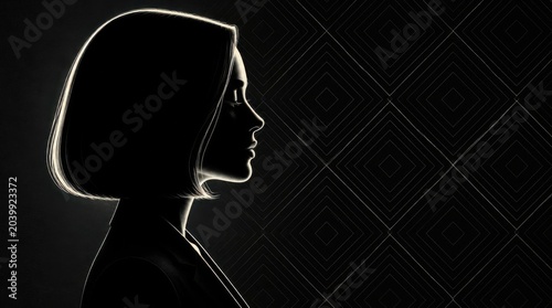 Glowing white outline silhouette of a woman profile on dark background.