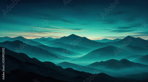 Panoramic view of misty green mountain ridges at twilight.