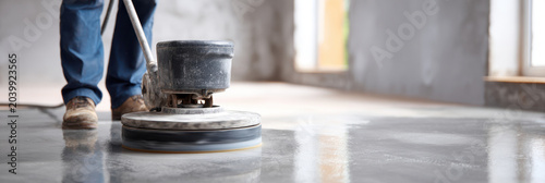 Worker polishing concrete floor with industrial machine smooth shiny surface construction site professional flooring renovation modern interior clean reflective hard work