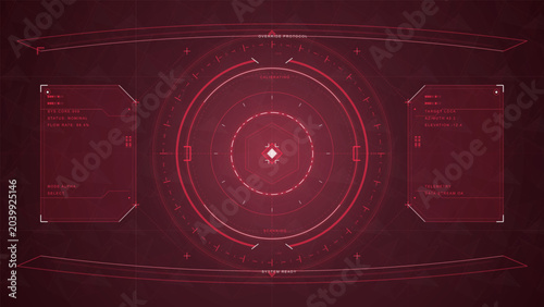 Quadro em tela Futuristic red HUD interface with circular targeting scanner, glowing calibratio