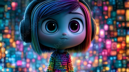 Cartoon girl with headphones with colorful mosaic background. 