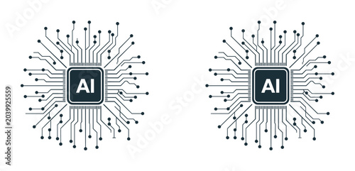 AI Chip Diagram: A stylized illustration of a central processing unit labeled AI with intricate circuitry extending outwards.