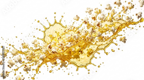 Hyper detailed studio photo of fluffy movie theater popcorn with liquid butter splash.
