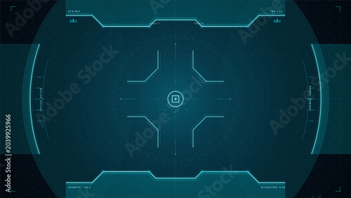 Фотография Futuristic cyan HUD targeting interface with central reticle, glowing circuit fr
