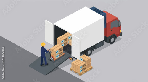 Fotografía Delivery worker unloading cardboard boxes from truck.