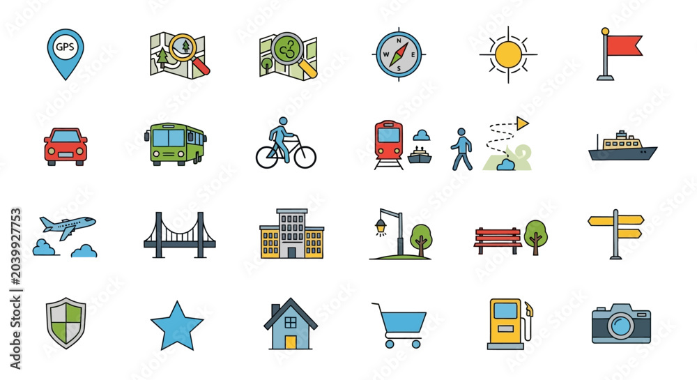 Fototapeta premium Travel Icons: Navigation, Transport, Buildings, and More