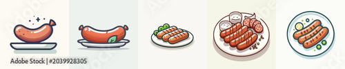 Photos A collection of stylized icons featuring various types of grilled and cooked sau