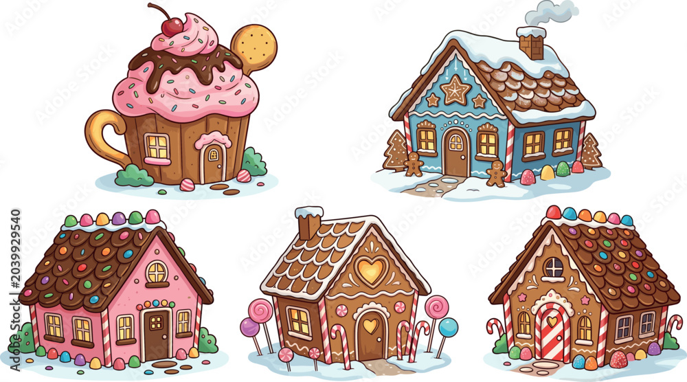 Naklejka premium Cute Gingerbread House Collection with Candy, Cookie, Cupcake and Sweet Winter Homes for Christmas, Holiday, Fairy Tale, Dessert and Festive Xmas Decoration Illustration Designs