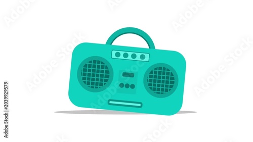 A flat style cartoon boombox speaker dancing and grooving to music on a white background.