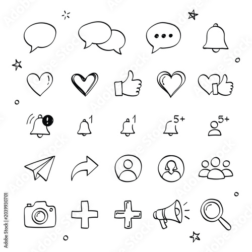 Hand drawn social media icons vector set doodle communication notification sign