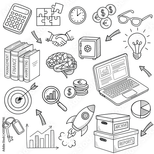 Business icons set sketch doodle startup finance marketing hand drawn vector art