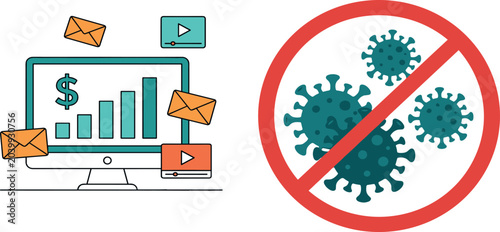 Fotografia Digital business recovery and anti virus prevention vector set featuring financial growth graph on computer monitor next to crossed out virus sign