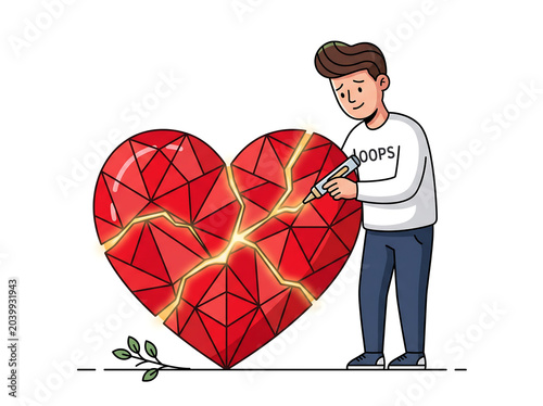 Broken heart illustration man holding shattered red love symbol with cracked glass texture and emotional sadness
