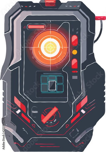 A flat vector illustration of a handheld electronic stud finder tool with a glowing LED target display, minimalist, isolated on a solid white background, vibrant red accents, 2d vector art