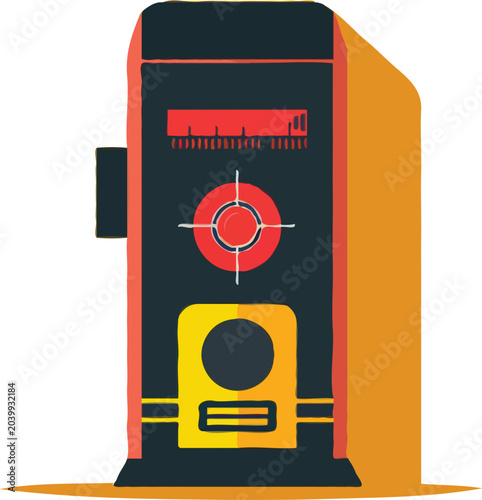 A flat vector illustration of a handheld electronic stud finder tool with a glowing LED target display, minimalist, isolated on a solid white background, vibrant red accents, 2d vector art