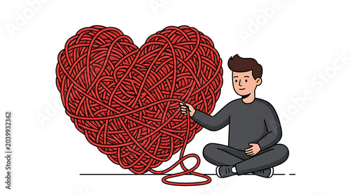 Creative man crafting heart shaped knotted rope design symbolizing love and craftsmanship in cozy artistic studio