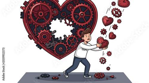 Creative engineer assembling mechanical heart with red gears and love symbols in futuristic workshop setting