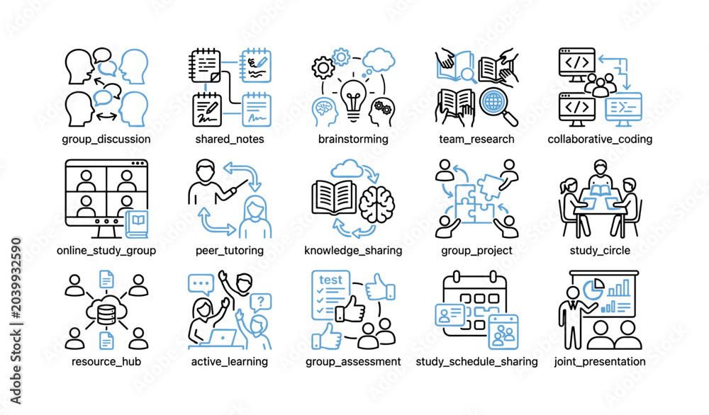 Fototapeta premium Group study collaboration icons arranged in grid on white