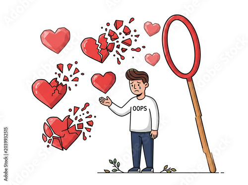 Man examining broken love hearts with magnifying glass in emotional illustration with scattered red fragments