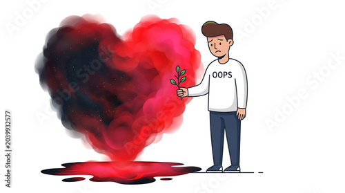 Man holding heart shaped smoke cloud expressing emotional love and passion in artistic digital illustration