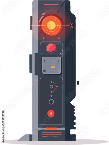 A flat vector illustration of a handheld electronic stud finder tool with a glowing LED target display, minimalist, isolated on a solid white background, vibrant red accents, 2d vector art