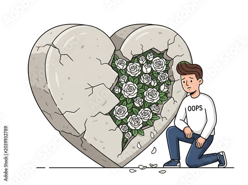 Broken heart growing into hope with man kneeling in nature inspired illustration