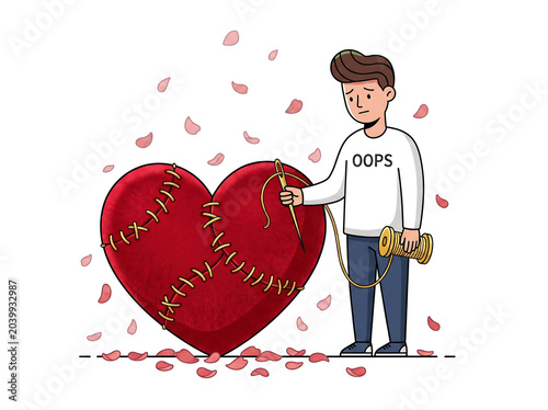 Broken hearted man holding shattered love heart surrounded by red rose petals in emotional illustration
