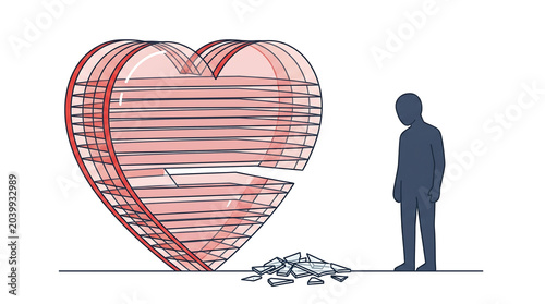Broken hearted person standing alone in empty space with shattered heart sculpture and scattered pieces