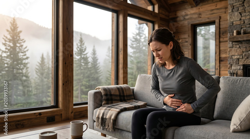 Woman relaxing with phone in cozy mountain cabin interior during sunset with warm wooden decor