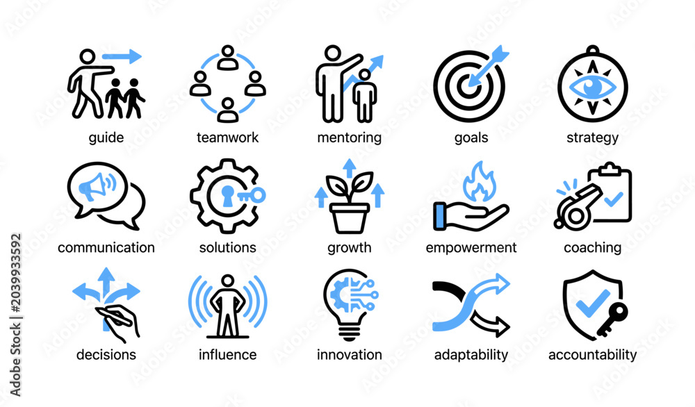 Fototapeta premium Leadership and coaching icons showing teamwork and growth concepts