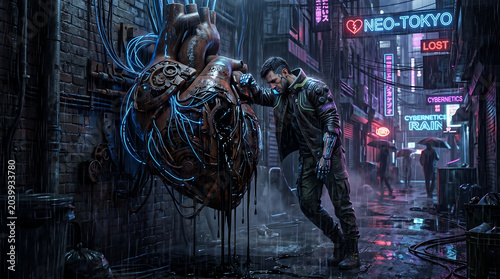 Cyberpunk warrior battling robotic enemy in neon-lit dystopian city at night with dramatic lighting and futuristic visuals