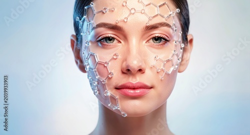Beautiful woman with transparent molecular structure on face for advanced skincare science.

