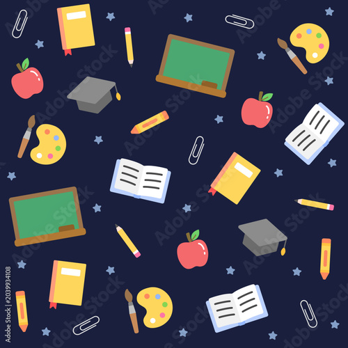 School seamless pattern. Apple, graduation hat, blackboard, pencil, crayon, book and stars on dark blue background. Back to school theme. Seamless vector pattern.