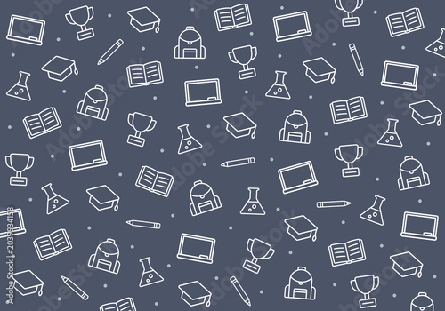 Back to school outline seamless pattern. Blackboard, apple, backpack, pencil, trophy, chemical flask and classroom elements on dark grey background. School education theme. Seamless vector pattern.